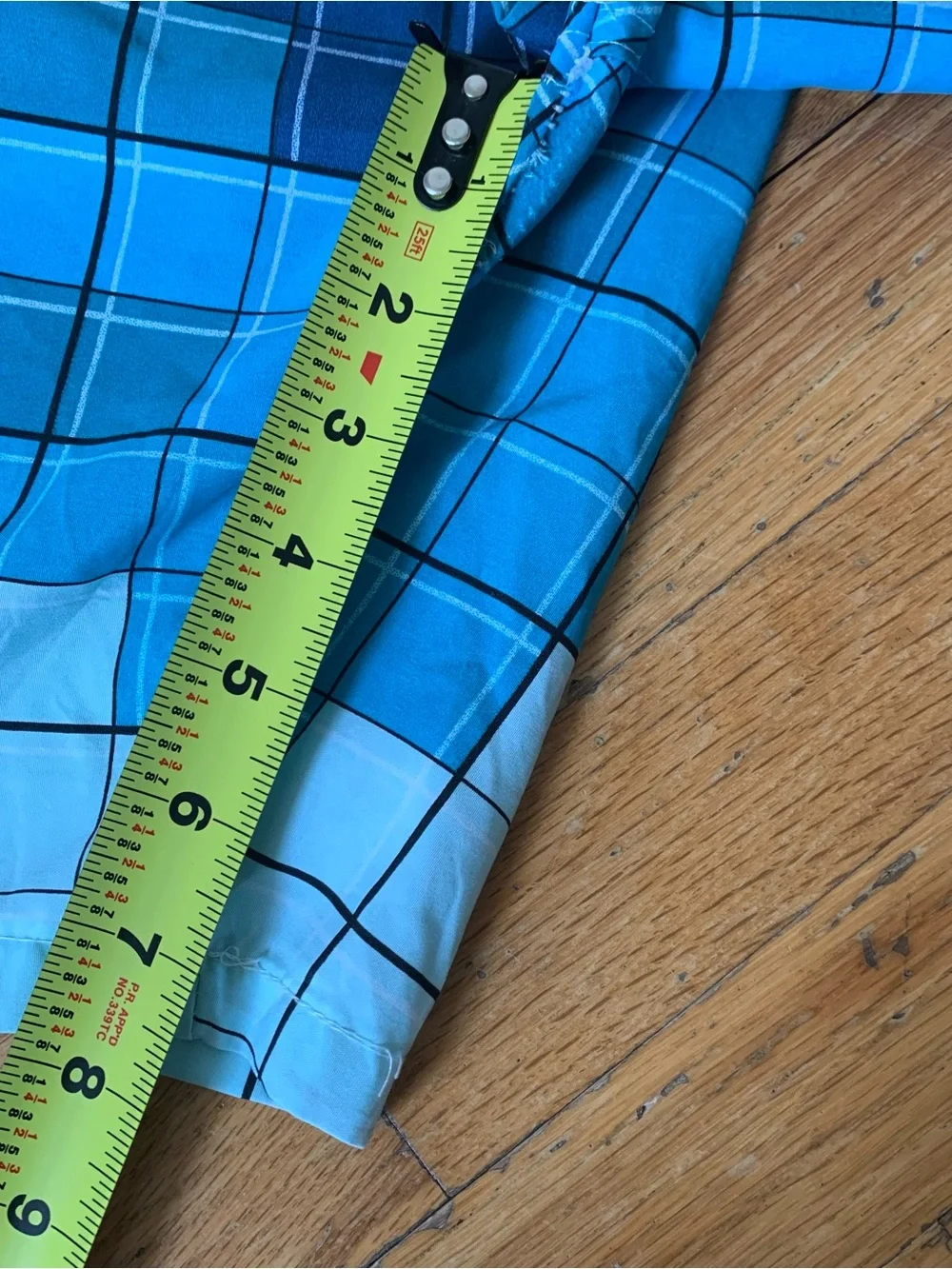Blue and white plaid polyester swim trunks with gradient effect size XL